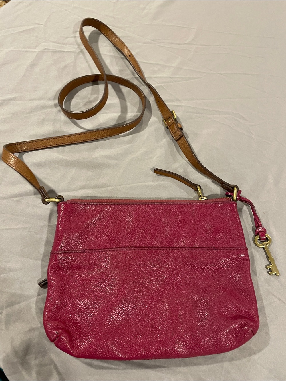 Fossil Pink Leather Crossbody with Tan Adjustable Strap